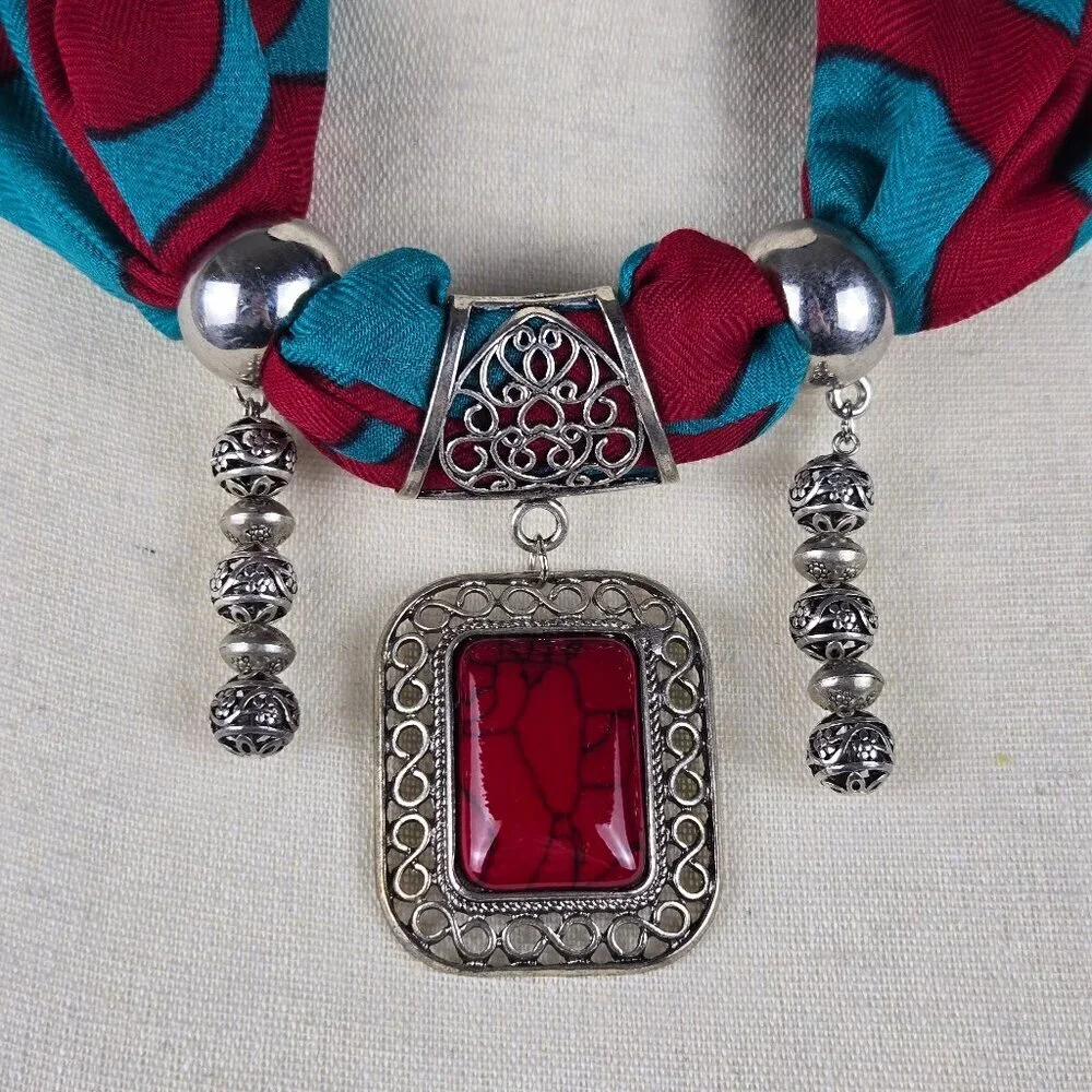 Red Turquoise Coral Infiniti Style Versatile Scarf Silver/Red Jewelry Embellish